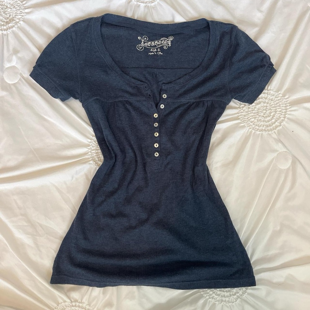 Love Rocks Blue Fitted Pointelle Henley T-Shirt